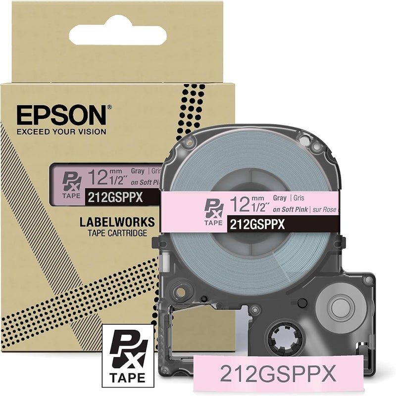 LABELWORKS Epson 212GSPPX Genuine PET (Polyester) Tape Cartridge - Gray on Soft Pink Designer Craft Label Maker Tape - 1/2" (12MM) Wide, 26' - Image 1